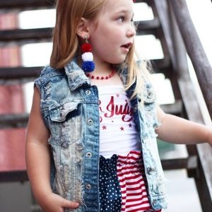 Kids Pom Clip On Earrings 4th of July